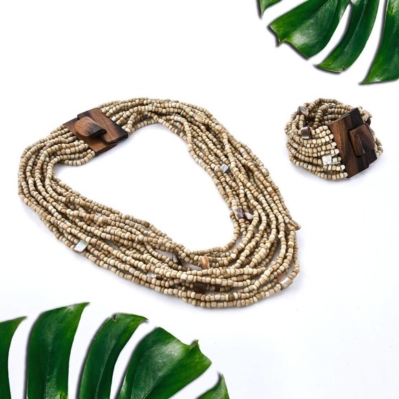 Cream Seed Bead Necklace Bracelet Stretches Wood Bead Necklace Multi Strand Boho - Picture 2 of 6